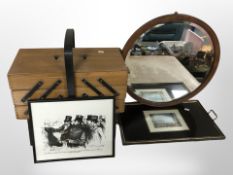 A teak concertina sewing box, circular mirror,