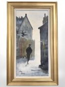 Alan Kurins : Figure in a lane, oil on canvas, 31 cm x 63 cm.