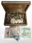 An Anglo Indian bone and mother of pearl inlaid trinket box containing mixed coins and a small