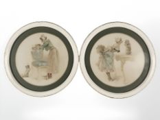 A pair of antiquarian prints in circular painted and gilt frames, diameter 22 cm.