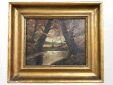 Hugo Petenger : A stream through woodland, oil on canvas, 27 cm x 20 cm.