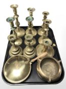 A group of wooden handle pan with hinged lid etc