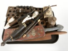 A group of treen pipes, nutcracker, Anglo Indian bone inlaid trinket box, etc.