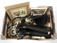 A pair of hunter wellington boots, a riding hat and crop, horse brasses, pictures, etc.