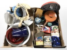 A group of vintage enameled kitchen wares, tins, Danish bread slicer, scale, etc.