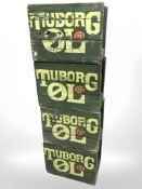 Four vintage painted pine Tuborg bottle crates, width 48 cm.