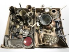 Metal wares including brass and copper items, cast iron scale, candlesticks,