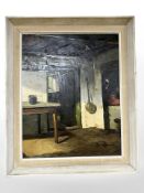 Danish School : Study of a cottage interior, oil on canvas, 39 cm x 49 cm, indistinctly signed.