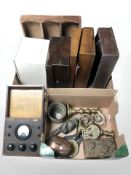 A group of antique table boxes, brass candlesticks, other metal wares, milliamp meter, etc.