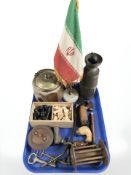 Turned boxwood chess pieces, keys, pipe, onyx desk flag pole, oak biscuit barrel,