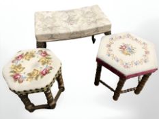 Two hexagonal embroidered footstools and a further stool.