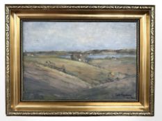 Carl Rogekamp : Figure in farmland, oil on canvas, 39 cm x 27 cm.
