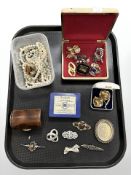 A group of costume jewellery, silver and amber brooch, filigree and marcasite items, faux pearls,