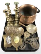 Two pairs of brass candlesticks, photo frames,