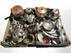 Assorted metal wares including copper pans, pewter plates, silver plated tea wares, brass wares,