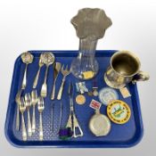 A group of EPNS cutlery, silver-handled tongs, a Victorian glass celery vase,