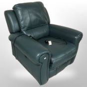 A contemporary teal leather electric reclining armchair