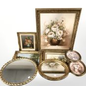 A group of gilt framed mirrors, oil paintings, still life studies, etc.