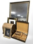 A canteen of brass cutlery, wicker domed hamper,