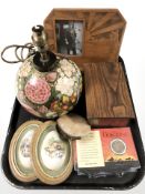 A Swiss oak musical trinket box, photograph of sea captain in wooden frame,