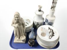 A Royal Copenhagen porcelain lamp base, further lamp base, Kahlea plates depicting fish,