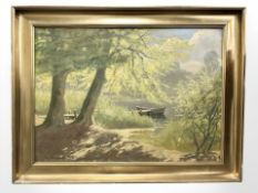 Finn Wennerwald : River running through woodland, oil on canvas, 89 cm x 64 cm.