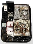 A quantity of costume necklaces, cuff bangles, silver dress ring, earrings, etc.