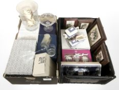 A quantity of boxed brass wares, ceramic still life panels, blue and white tea service,