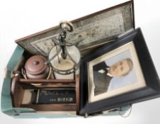 A wooden book trough, oriental terracotta teapot, light shade, Chinese silkwork panel,