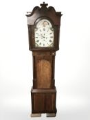 A Victorian inlaid mahogany eight day long case clock, the painted moon phase dial signed 'J Wright,