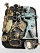 Miniature pewter tankards, patinated metal figure,