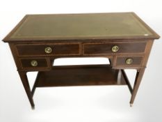 A late Victorian mahogany and satinwood inlaid ladies writing desk, with tooled leather inset panel,