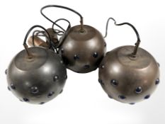 Three Scandinavian copper effect glass globular light shade fittings, each 20 cm diameter.