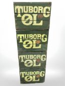Four Tuborg painted pine bottle crates, each 48 cm wide.