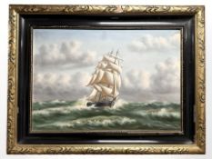 Danish School : A tall ship in high seas, oil on canvas, 64 cm x 44 cm.