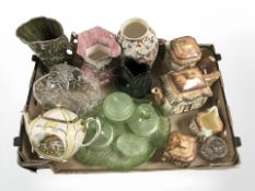 Cottage china, Art Deco green glass table items, Maling lustre jug and vase,