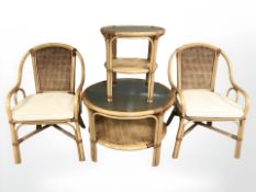 A bentwood two tier occasional table, a smaller table and similar pair of chairs.