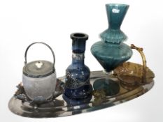 A silver plated oval serving platter together with glass items including silver plate lidded