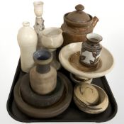 Scandinavian studio pottery bowls, vases, tea pot, a lamp base, etc.