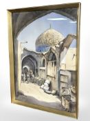 Yervand : Figures and camels in a street, watercolour, 36 cm x 50 cm.