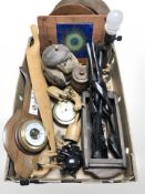 African carved wooden ornaments, turned oak lamp base, barometers, etc.