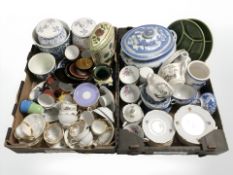 A quantity of continental tea and coffee china, blue and white kitchen storage jars, lidded tureen,