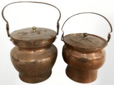 Two copper swing handled lidded cooking pots, tallest 36 cm including handle.