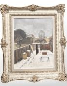 Jacob Meyer : Town buildings in snow, oil on canvas, 40 cm x 49 cm.