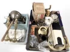A vintage Kenwood food mixer, kitchen wares and pair of brass candlesticks,