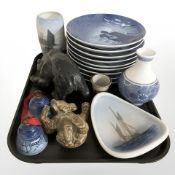 Bing & Grondahl blue and white plates, Royal Copenhagen vases, two figures of bears,