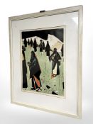 A continental colour print depicting figures, 30 cm x 40 cm, indistinctly signed.