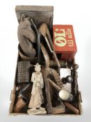 A quantity of treen, carved figures, desk blotter, pipe, etc.