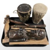 Two African hide covered drums, hardwood bust,