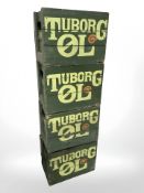 Four vintage painted pine Tuborg bottle crates, width 48 cm.